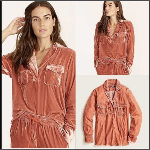 J. Crew Velvet Popover Patch Pockets Copper Pink Cozy Boho Shirt Size Small - Picture 8 of 8